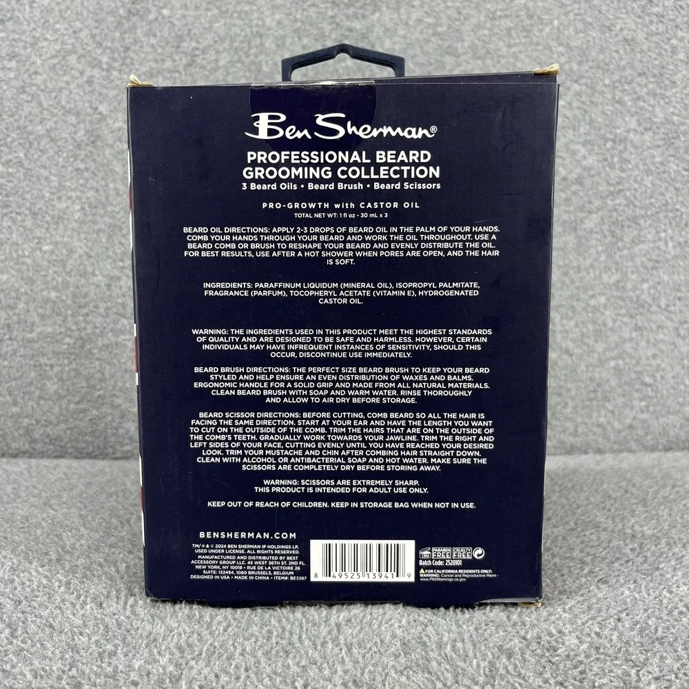 Ben Sherman Beard Oil Pro-Growth professional grooming brush‎ scissors 5 pc set
